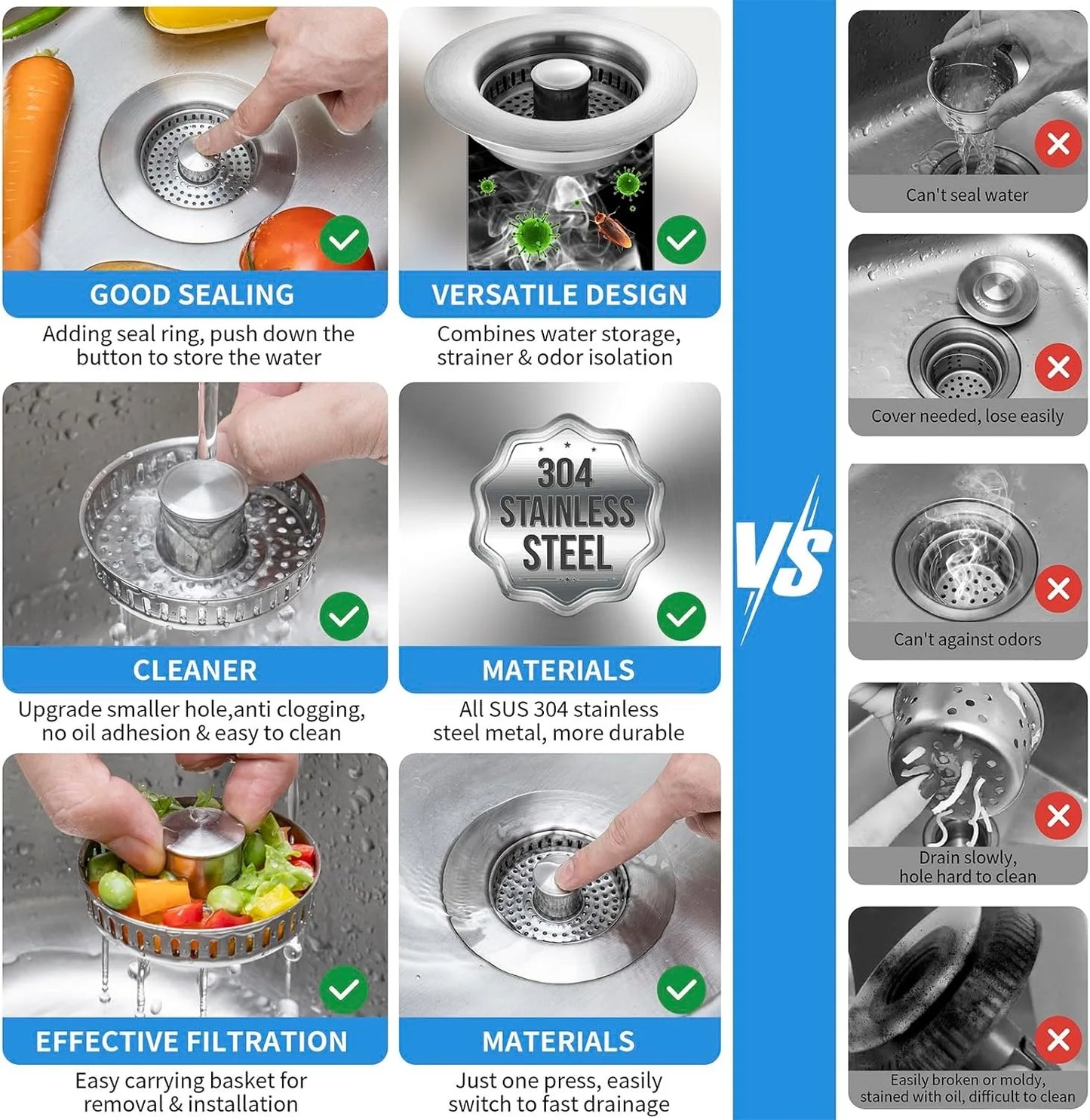 Kitchen Sink Drain Strainer Stainless Steel Pop up Sink Stopper Anti-Clogging Sink Food Catcher Basket Odor Filter Sink Plug
