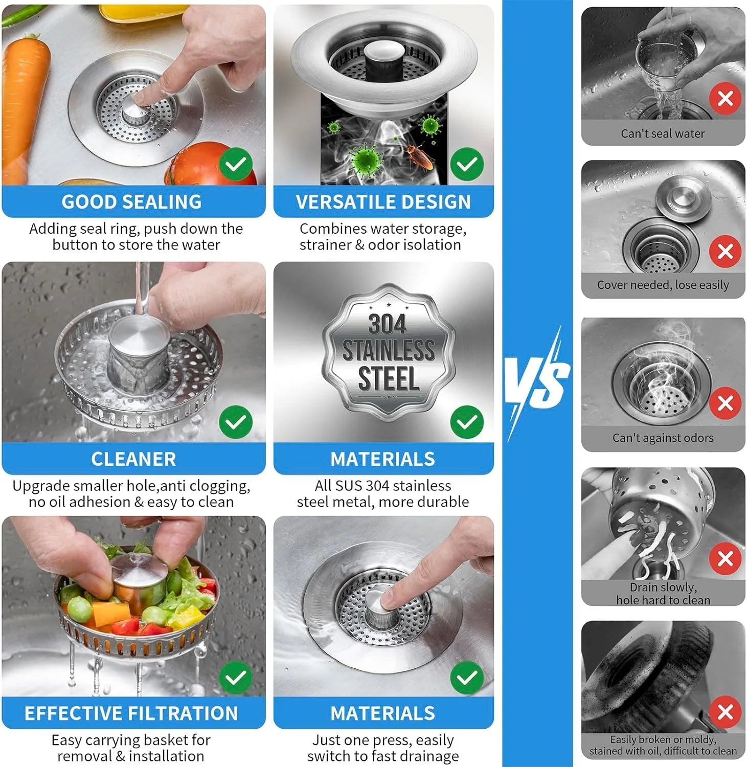 Kitchen Sink Drain Strainer Stainless Steel Pop up Sink Stopper Anti-Clogging Sink Food Catcher Basket Odor Filter Sink Plug