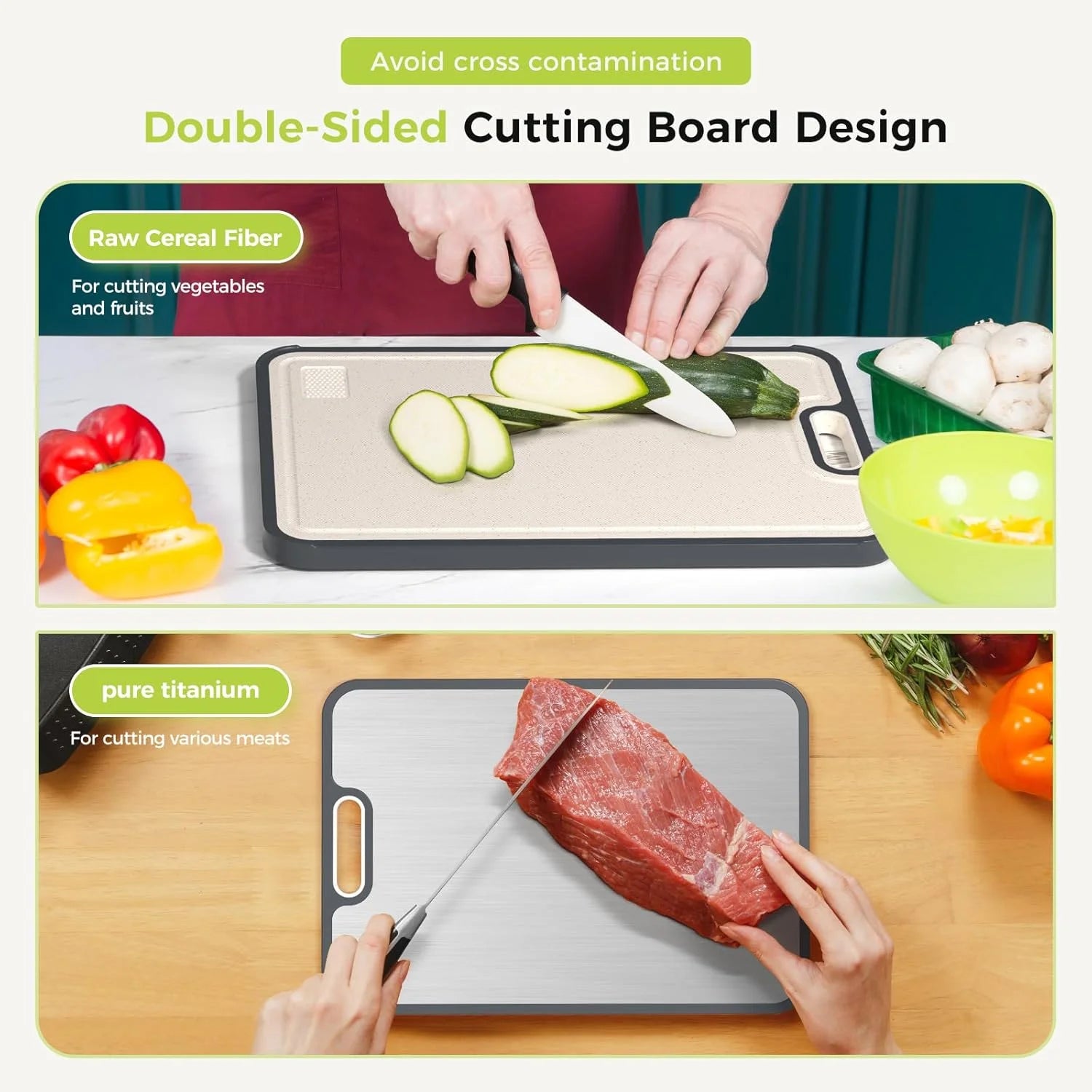 Cutting Board Double Sided Titanium Cutting Boards for Kitchen Double Sided Food Grade Pure Titanium Wheat Straw PP Easy to Clea