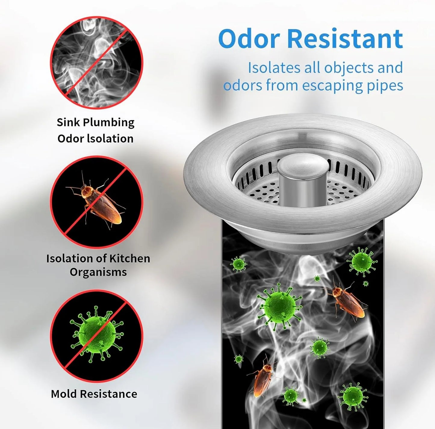 Kitchen Sink Drain Strainer Stainless Steel Pop up Sink Stopper Anti-Clogging Sink Food Catcher Basket Odor Filter Sink Plug