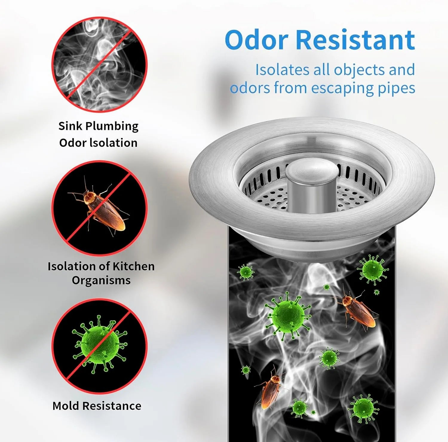 Kitchen Sink Drain Strainer Stainless Steel Pop up Sink Stopper Anti-Clogging Sink Food Catcher Basket Odor Filter Sink Plug