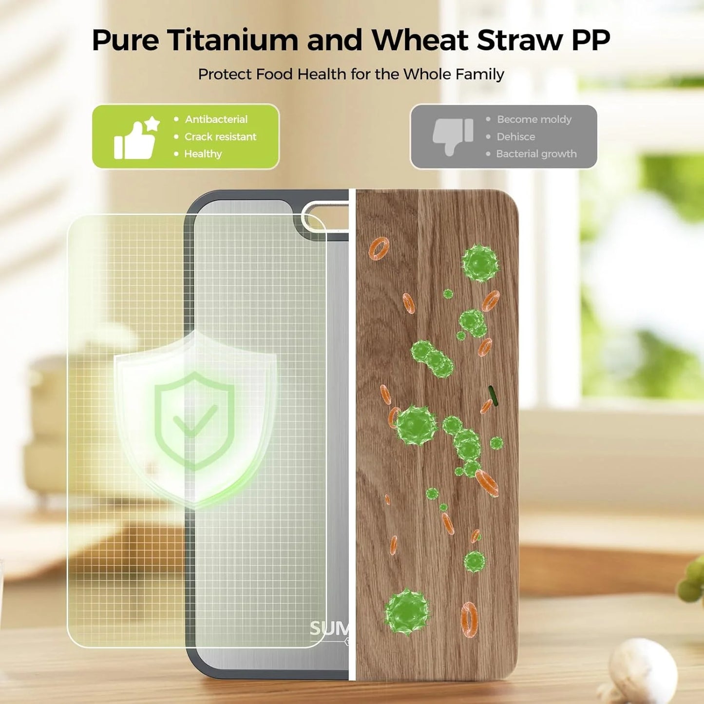 Cutting Board Double Sided Titanium Cutting Boards for Kitchen Double Sided Food Grade Pure Titanium Wheat Straw PP Easy to Clea
