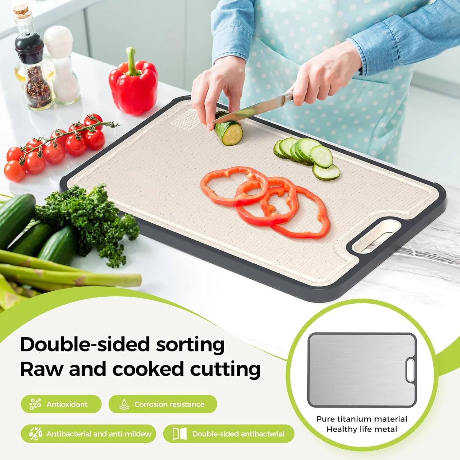Cutting Board Double Sided Titanium Cutting Boards for Kitchen Double Sided Food Grade Pure Titanium Wheat Straw PP Easy to Clea